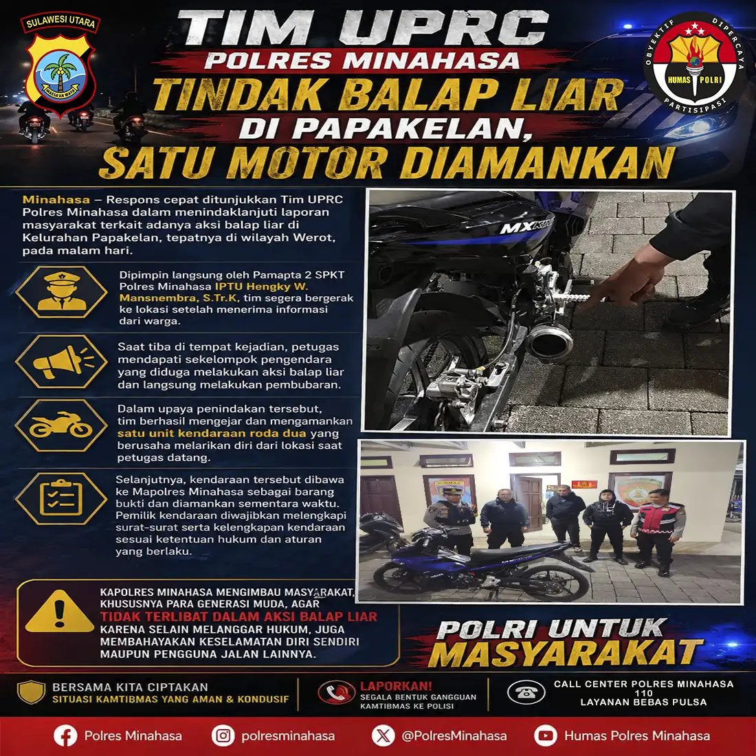 Tim UPRC Polres Minahasa Bubarkan Balap Liar di Papakelan